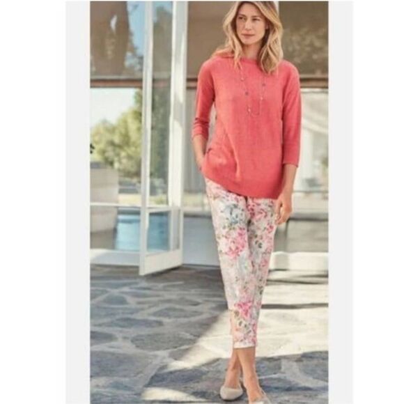 J. Jill Tan & Pink Ditsy Floral Print Stretch Crop Ankle Pants Side Zip SZ 4P - Picture 12 of 12